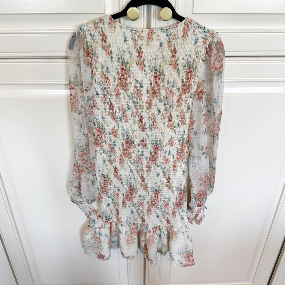 STORIA Womens Pastel Floral Smocked Chiffon Ruffle Teim Dress Long Sleeve Medium - Picture 6 of 11